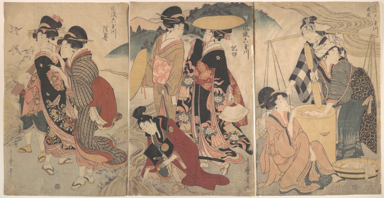 Nők és egy férfi vidéken; valamilyen felvonulás(?) alkotó: Kitagawa Utamaro