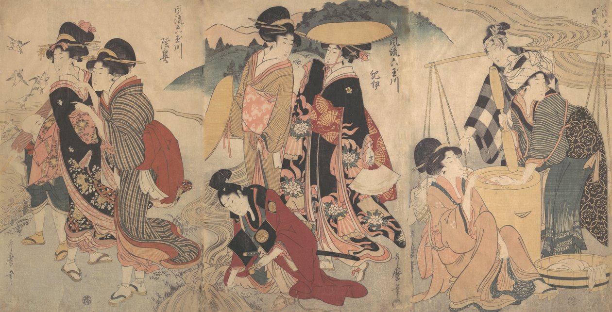 Nők és férfi a vidéken, Valami színjáték, 18. század vége – 19. század eleje. alkotó: Kitagawa Utamaro