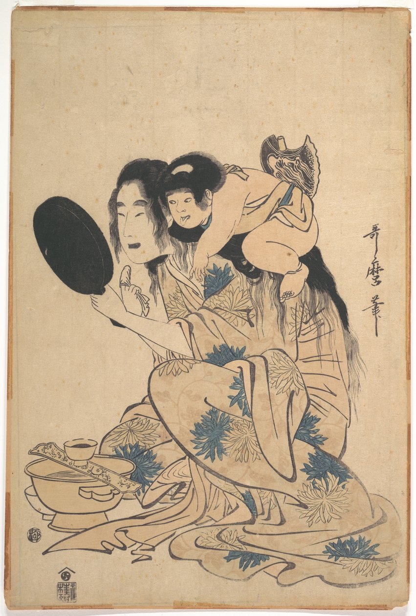 Yamauba fogait feketíti, Kintarōval alkotó: Kitagawa Utamaro