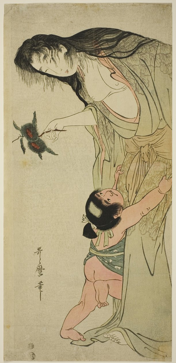 Yamauba gesztenyét tart, miközben Kintaro eléri őket alkotó: Kitagawa Utamaro