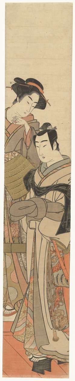 Egy nő egy álcázott fiatalemberrel Jonge ember találkozott rieten hoed en dame-mel alkotó: Kitao Masanobu (attributed to)