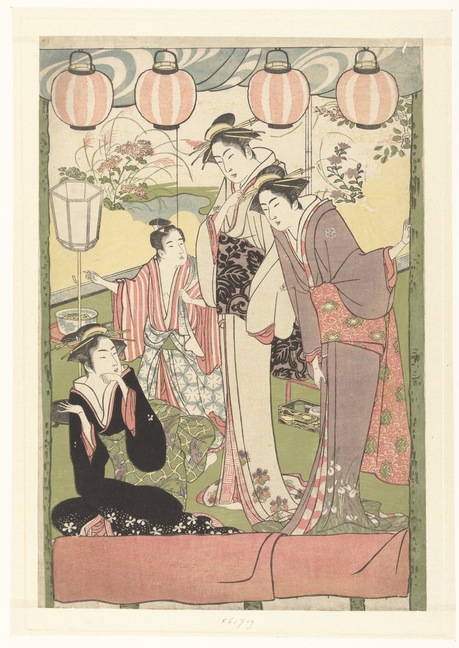 Három nő és egy fiú lámpások alatt alkotó: Kitao Masanobu (attributed to)