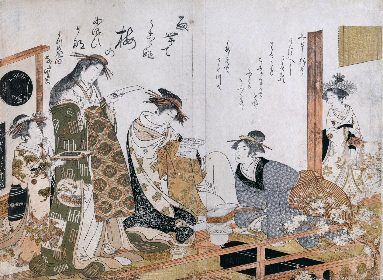 Kimonót viselő kurtizánok, Utagawa és Nanasato udvarhölgyek illusztrációja a Yotsuba House-ból alkotó: Kitao Masanobu