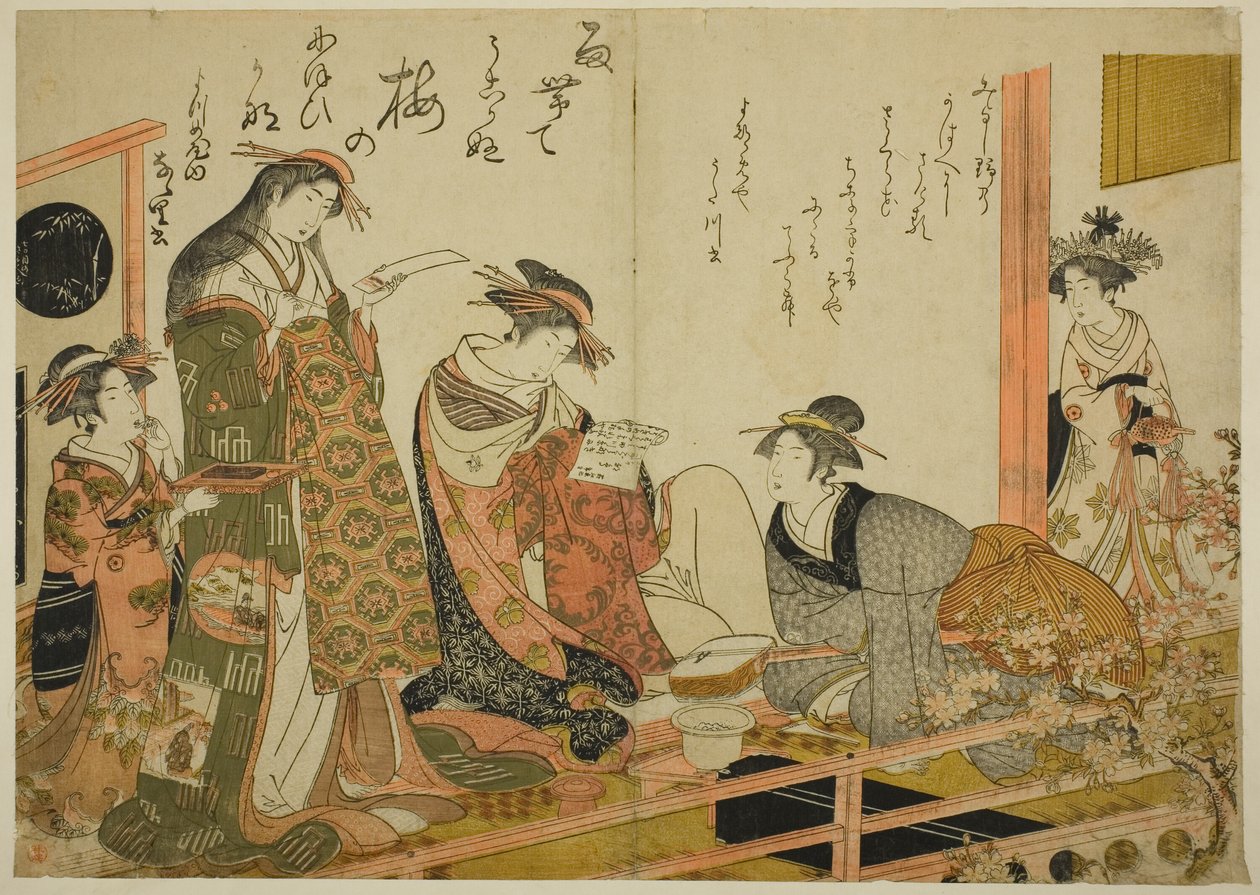 The Courtesans Utagawa és Nanasato a Yotsumeya-ból, a "Comparing New Beauties of the Yoshiwara – A Mirror of Your Own Writings (Keisei shin bijin awase jikihitsu kagami)" című albumról alkotó: Kitao Masanobu