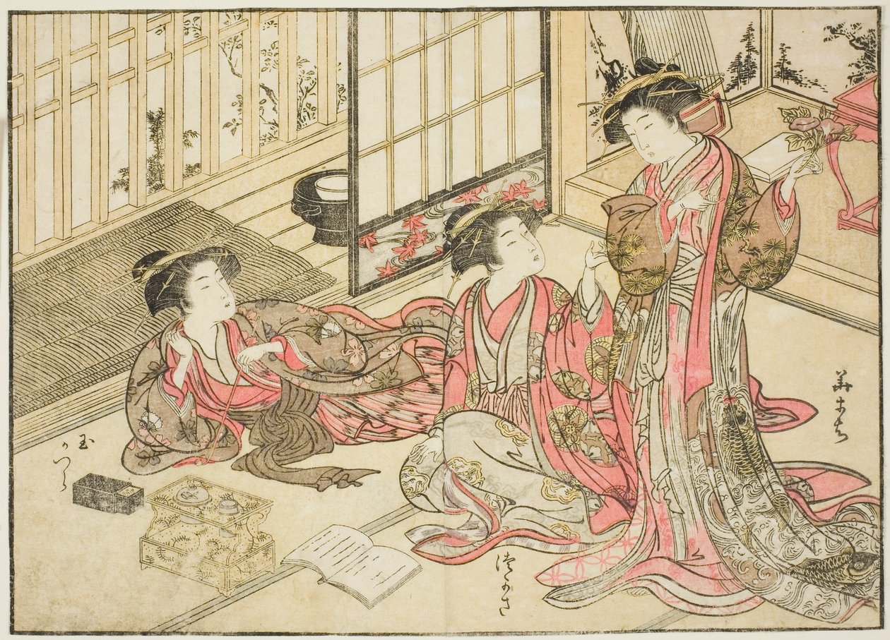 Kado Daikokuya udvarhölgyei, a "Gyönyörű nők tükre az örömnegyedben (Seiro bijin awase sugata kagami)" című könyvből. 2 alkotó: Kitao Shigemasa