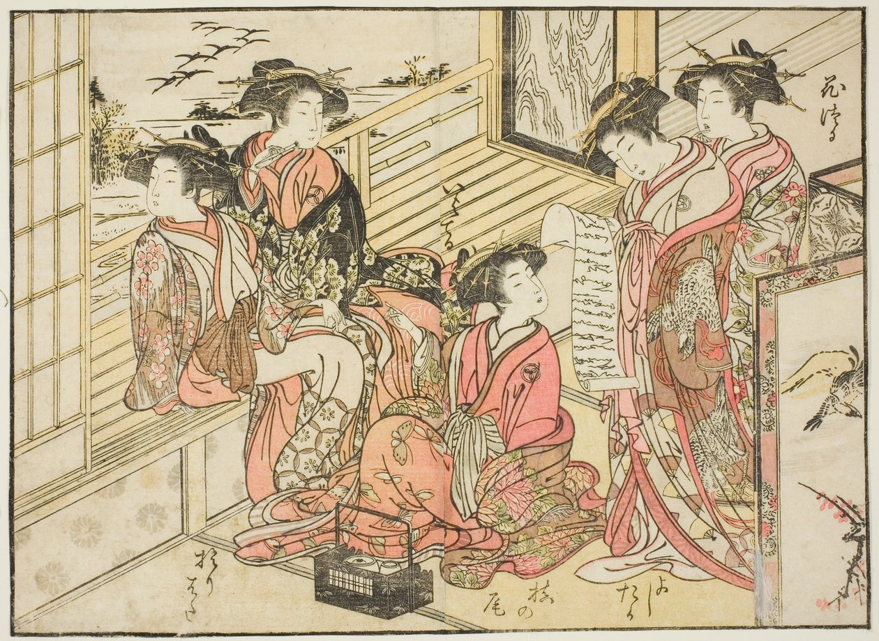 Okamoto udvarhölgyei, „Az örömnegyed gyönyörű nőinek tükre (Seiro bijin awase sugata kagami)” című könyvből. 2 alkotó: Kitao Shigemasa