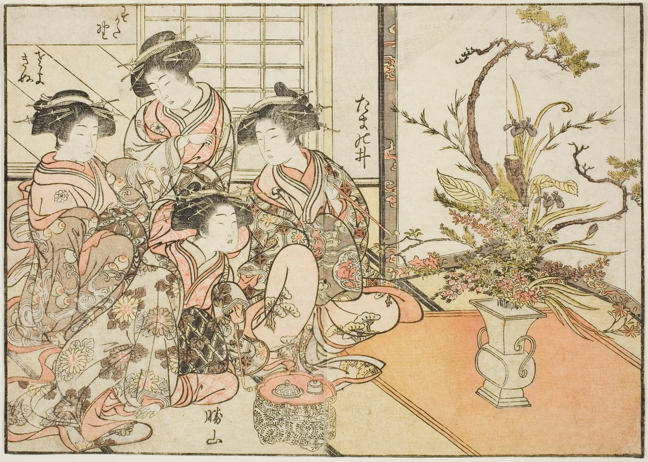 Yotsumaya udvarhölgyei, a "Gyönyörű nők tükre az örömnegyedből (Seiro bijin awase sugata kagami)" című könyvből. 2 alkotó: Kitao Shigemasa