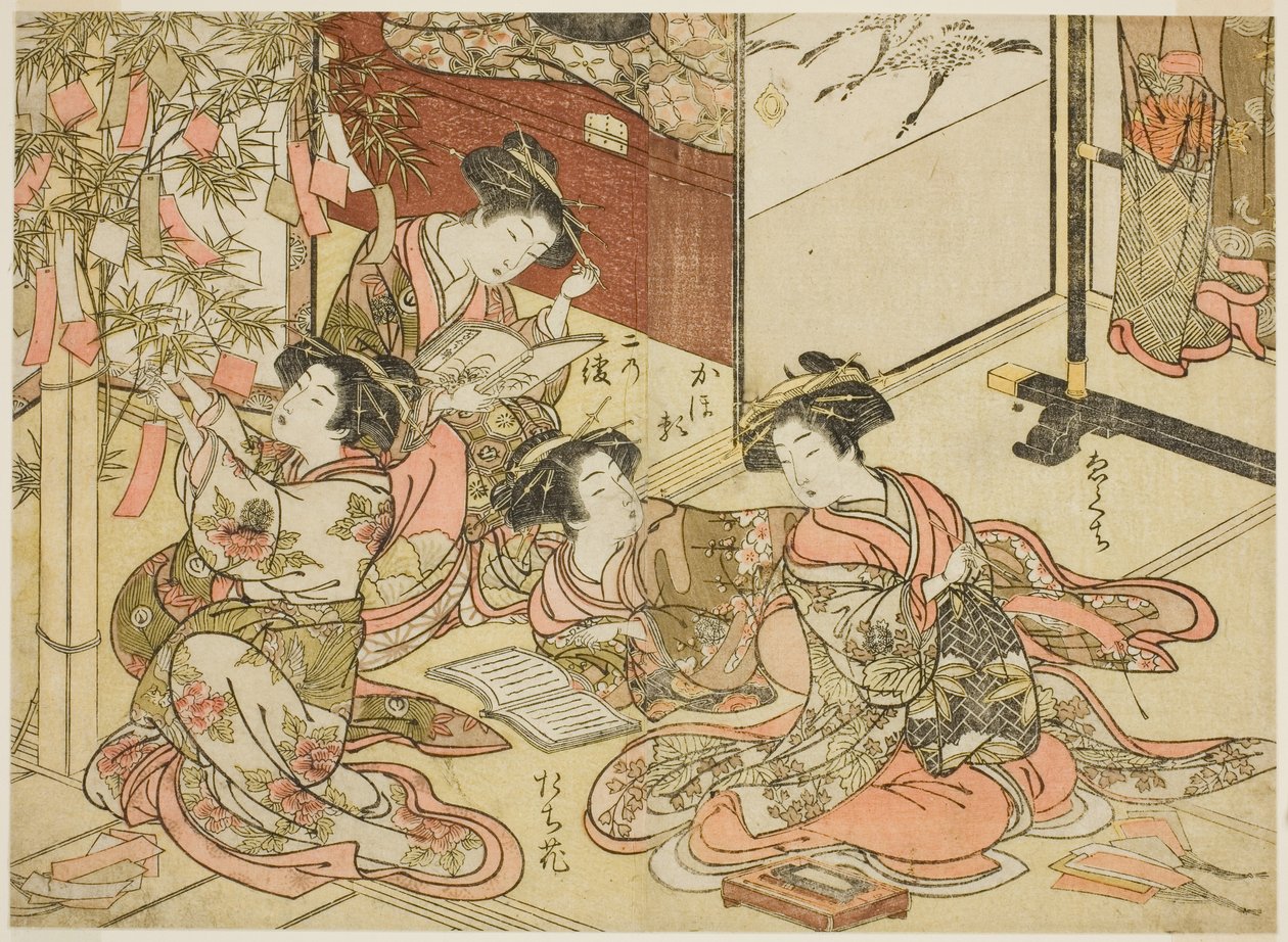A Shin Kanaya udvarhölgyei, a "Gyönyörű nők tükre az örömnegyedből (Seiro bijin awase sugata kagami)" című sorozatból. 2 alkotó: Kitao Shigemasa