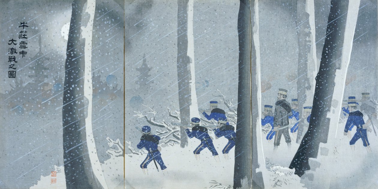 Heves csata a hóban Niuzhuang közelében, Meidzsi-korszak alkotó: Kiyochika Kobayashi
