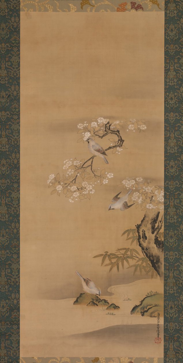 Waxwings, Cherry Blossoms és Bamboo, 17. század vége. alkotó: Kiyohara Yukinobu