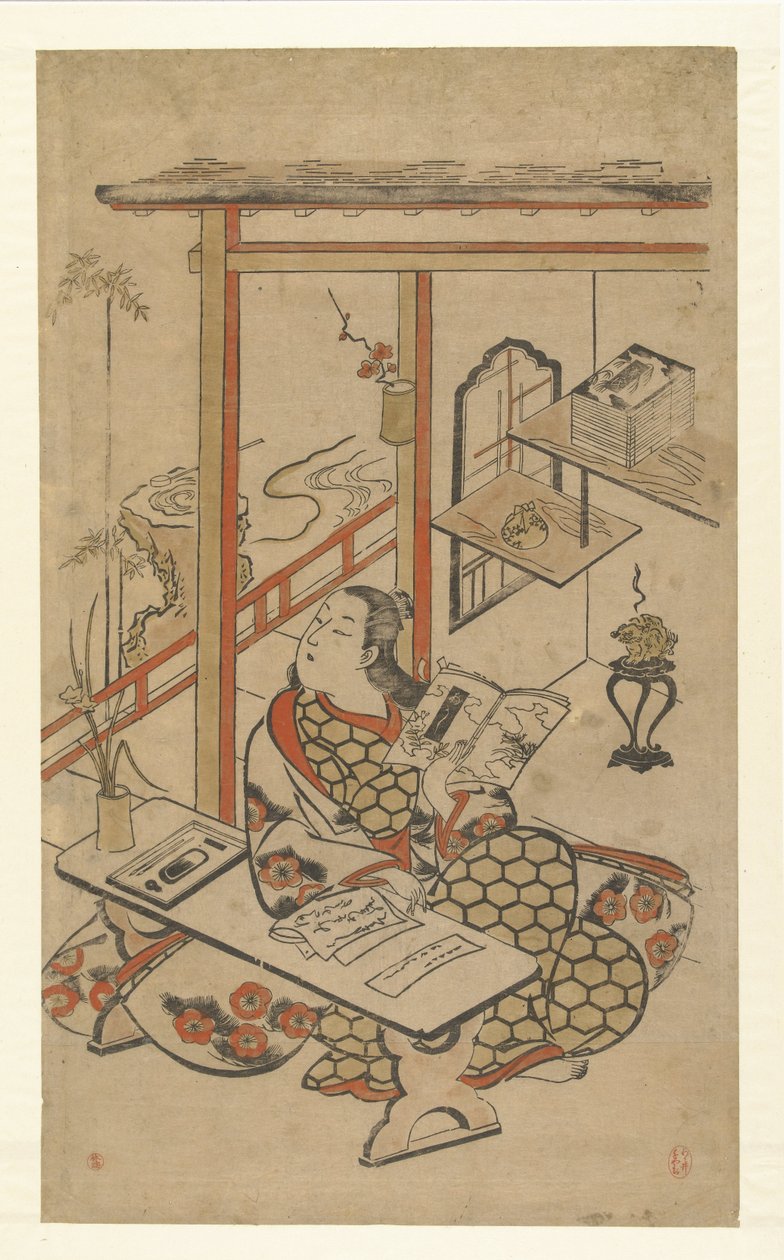 Nő az asztalnál, és a Genji meséjét olvassa. alkotó: Kiyomasu (I) , Torii (attributed to)