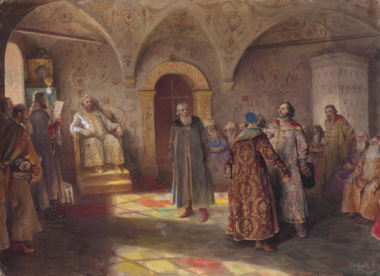 Cár és bojárok, 1907. alkotó: Klavdi Vasilyevich Lebedev