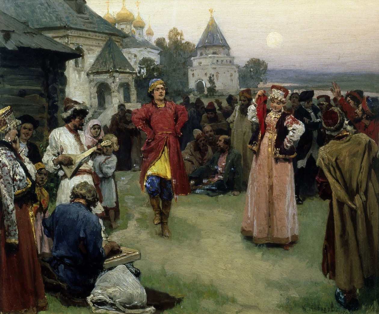 Tánc (néhány házaspár népviseletben táncol a falusiak sokaságában esti órákban) (Tánc) - Klavdi Vasziljevics Lebegyev (1852-1916) festménye, olaj, karton (26x31 cm) alkotó: Klavdiy Vasilievich Lebedev