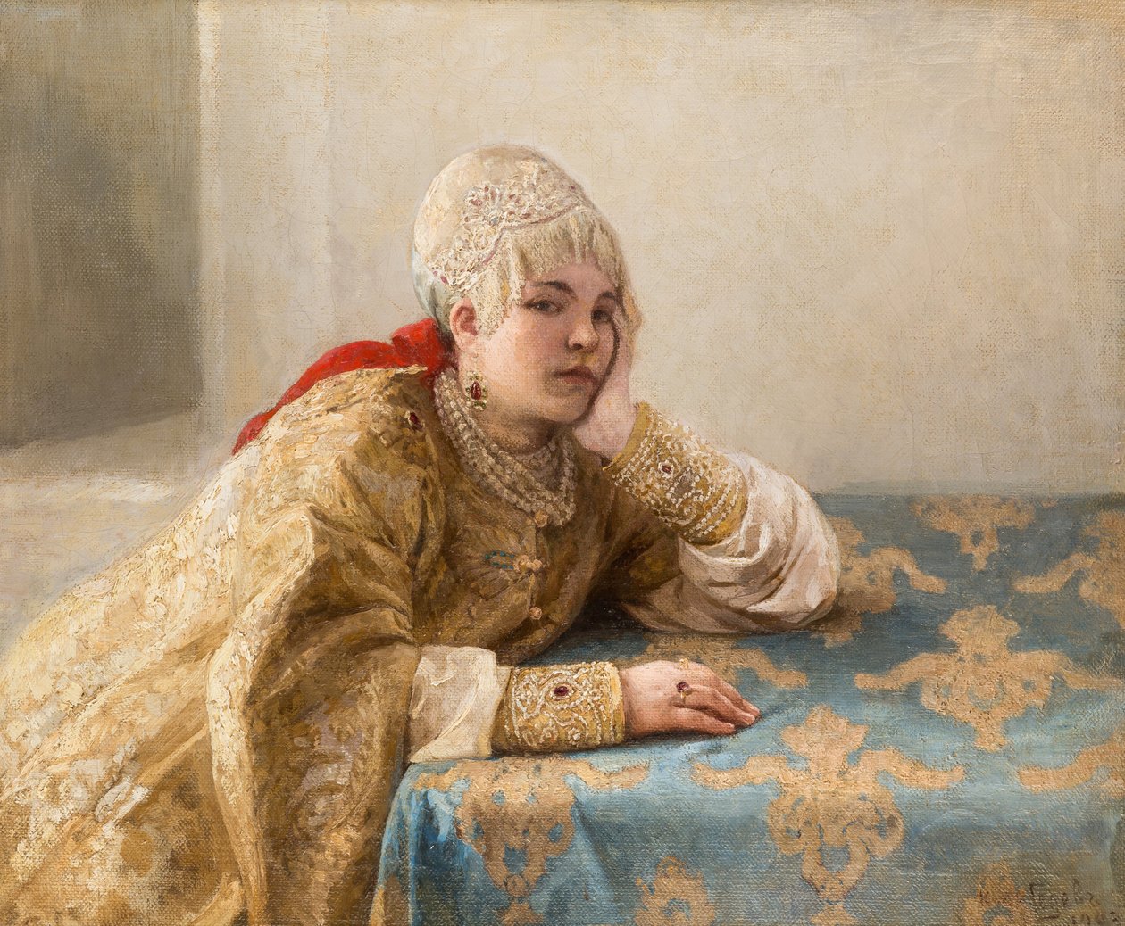 Fille de boyard (boiar) - Boyar lánya, Lebegyev, Klavdi (Klavdy) (1852-1916). Olajfestmény alkotó: Klavdiy Vasilievich Lebedev