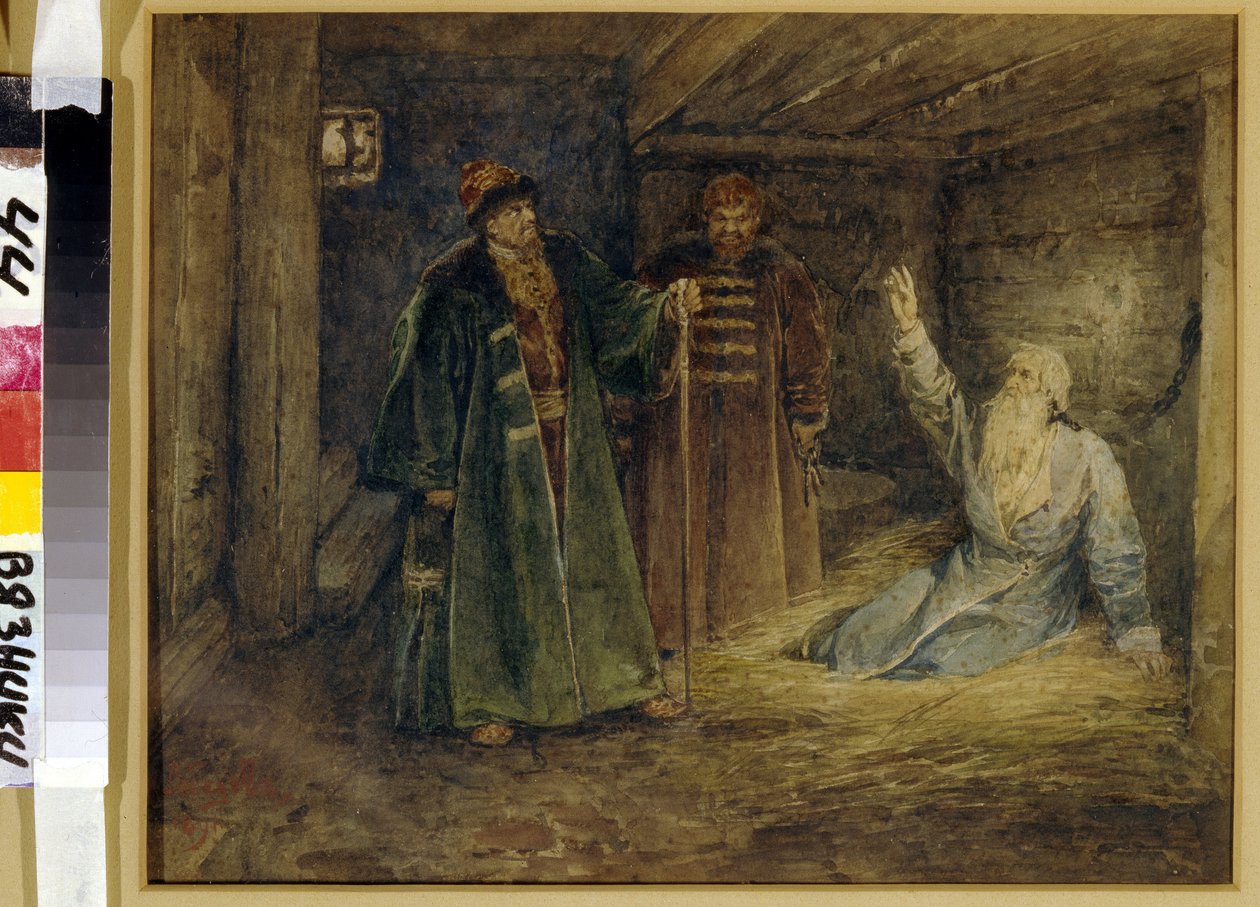 IV. Ivan cár le szörnyű (1530-1584) és Maliouta Skouratov (mort en 1573) visitant le Boyard (boiard, boiar) Morozov (?) a börtönben. (IV. Rettegett Iván cár és Malyuta Szkuratov Bojár Moroszovnál). Klavdi Vasziljevics Lebegyev Peinture (1852-191 alkotó: Klavdiy Vasilievich Lebedev