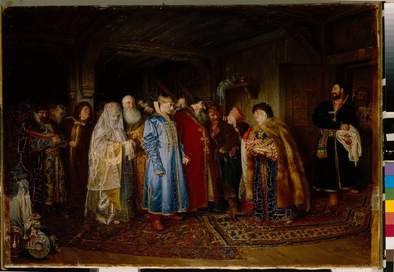 Bojár esküvő (bojár, bojár) a 16. században, a menyasszony kokochnikot (A bojár esküvője) visel - Olaj, vászon, Klavdi Vasziljevics Lebegyev (1852-1916) alkotó: Klavdiy Vasilievich Lebedev