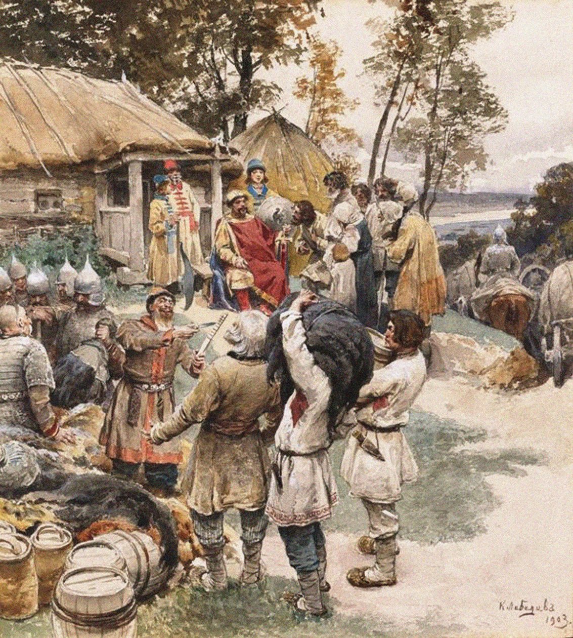Poliudie Tisztelgés gyűjtése. Kijevi Igor tisztelgés a drevlyánoktól, 1903 alkotó: Klavdiy Vasilievich Lebedev