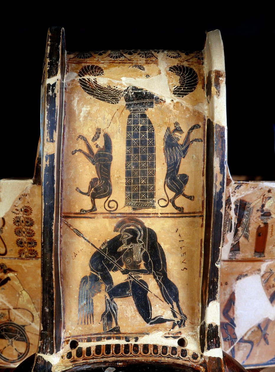 A Francois-váza: a kráter részlete, Achilles holttestét ábrázoló fekete figurákkal, amelyeket Ajax vitt magával, Ergotimos fazekas és Klitias festő készítette. Kr.e. 570. Sienából. Firenze. Országos Régészeti Múzeum. alkotó: Kleitias Kleitias