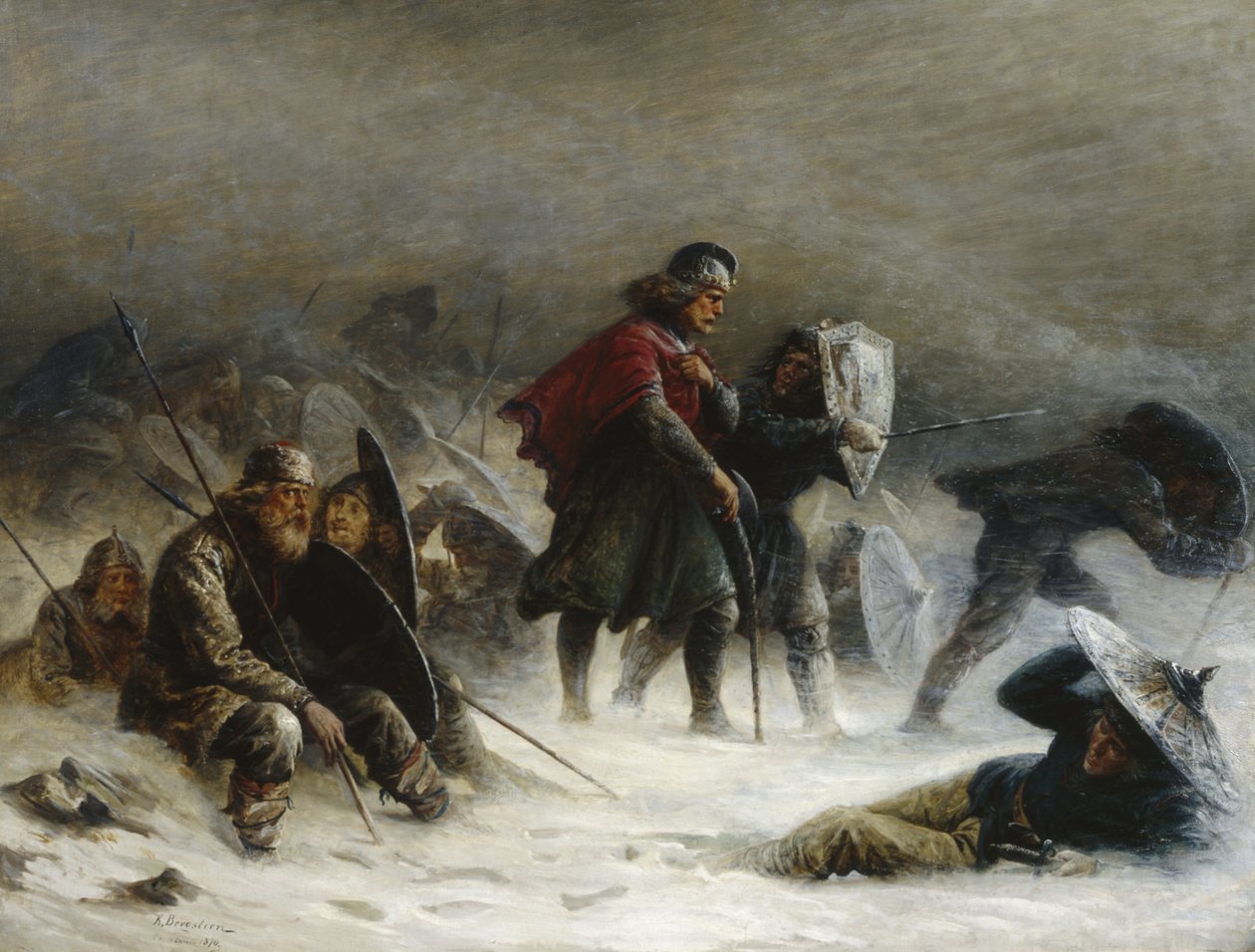 Sverre király hóviharban a Voss-hegységben alkotó: Knud Bergslien