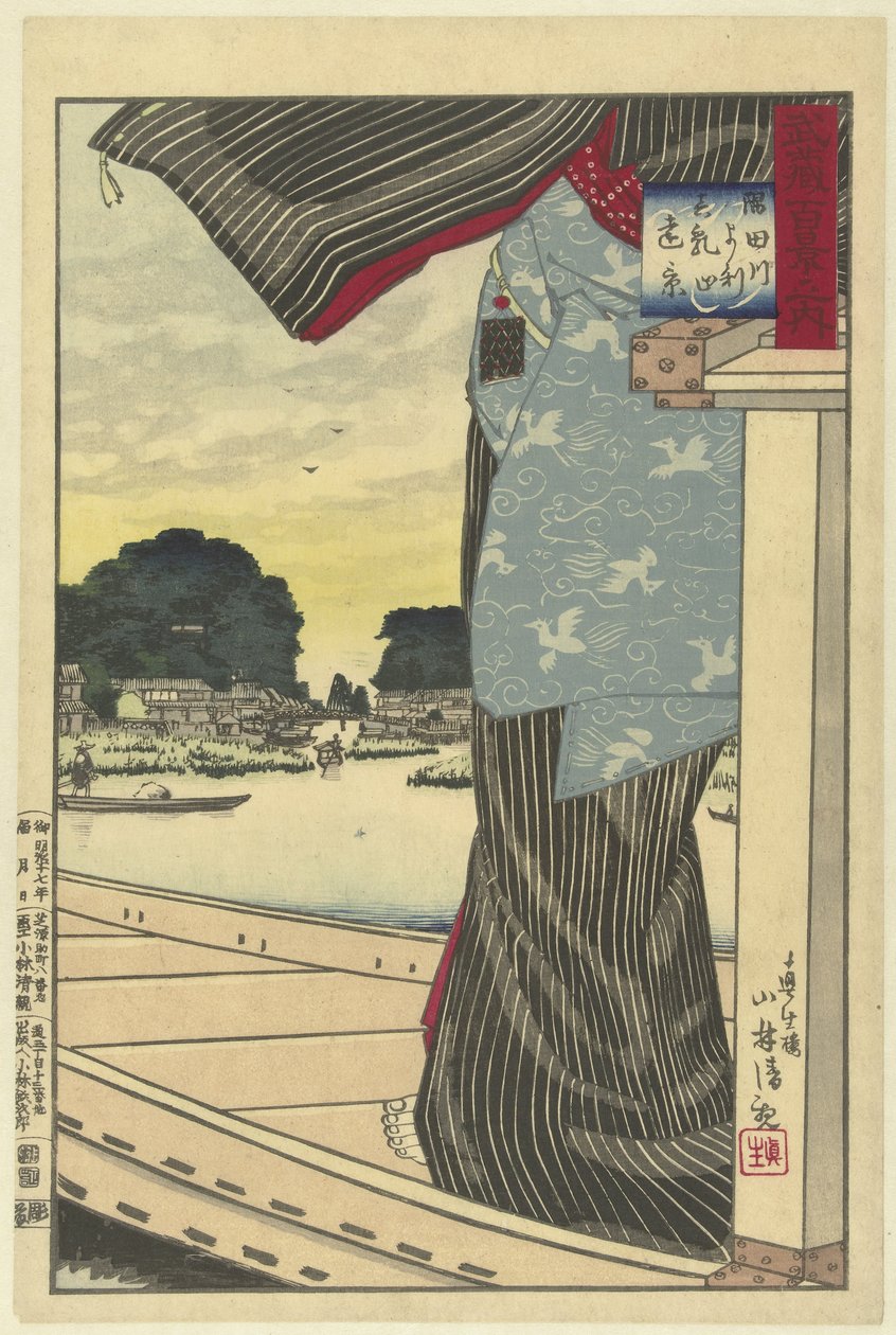 Matsuchiyama kilátása a Sumida folyó felől Sumidagawa yori Matsuchiyama no enkei (cím a tárgyon) Musashi tartomány száz nézete (sorozat címe) Musashi hyakkei no uchi (sorozat címe az objektumon) alkotó: Kobayashi Kiyochika