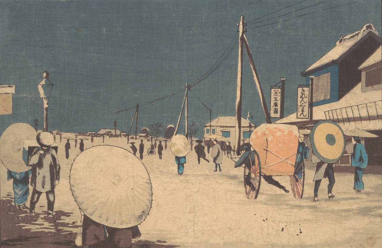 Utcai jelenet Edo külvárosában egy téli estén, kb. 1878. alkotó: Kobayashi Kiyochika
