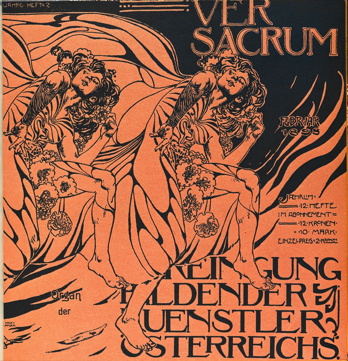 A Ver Sacrum, a szecessziós Sezession-mozgalom folyóiratának 1898. februári számának címlapja ... alkotó: Koloman Moser