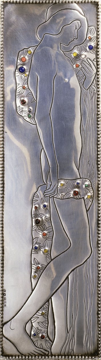Egy Wiener Werkstatte fehérre festett egyszemélyes ágy betétpanelje, amely egy meztelen androgün alakot ábrázol (részlet), 1904 körül (ezüst, lapis lazuli, holdkövek, malachit, korall, fa) alkotó: Koloman Moser