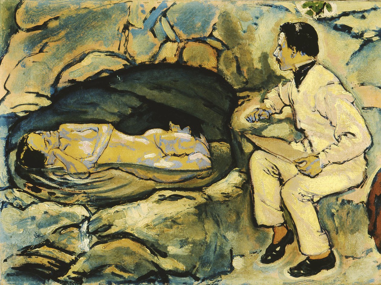 Önarckép, rajz sellővel a sziklabarlangban, 1914. alkotó: Koloman Moser