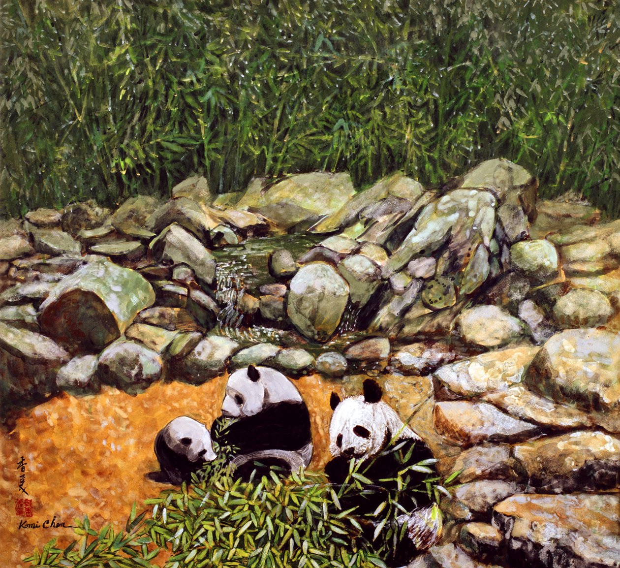 Boldog család (Pandák) 1993 (guache, selyem) alkotó: Komi Chen