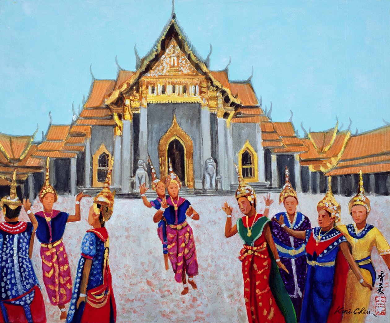 Tradicionális thai tánc, 1990 (guache, selyem) alkotó: Komi Chen
