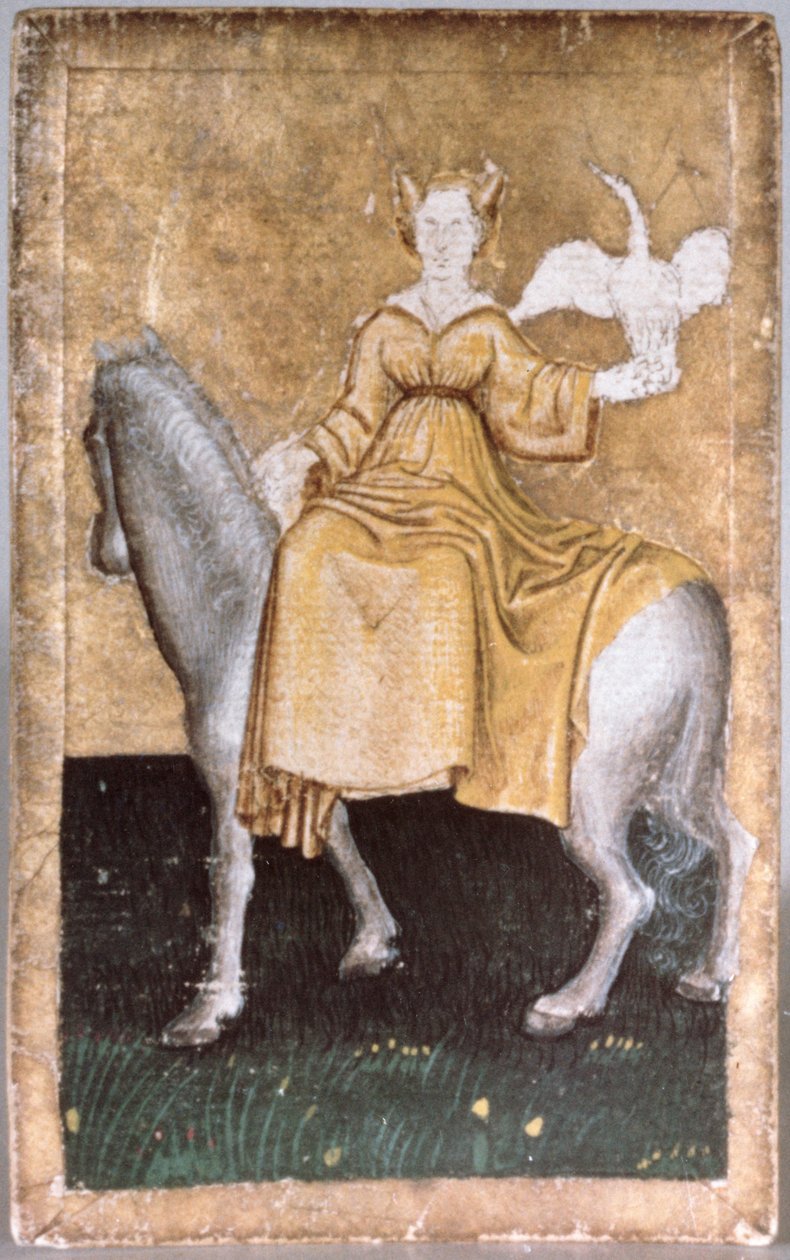 Egy lovas hölgy, egyik kezén egy gémet tartó kártyakészlet egyike, amely udvari sólyomkodás jeleneteit ábrázolja, Upper Rhein Are, 1440-45 körül (toll és tinta, wc) (lásd még: 84698, 88300-02 és 88304) alkotó: Konrad Witz