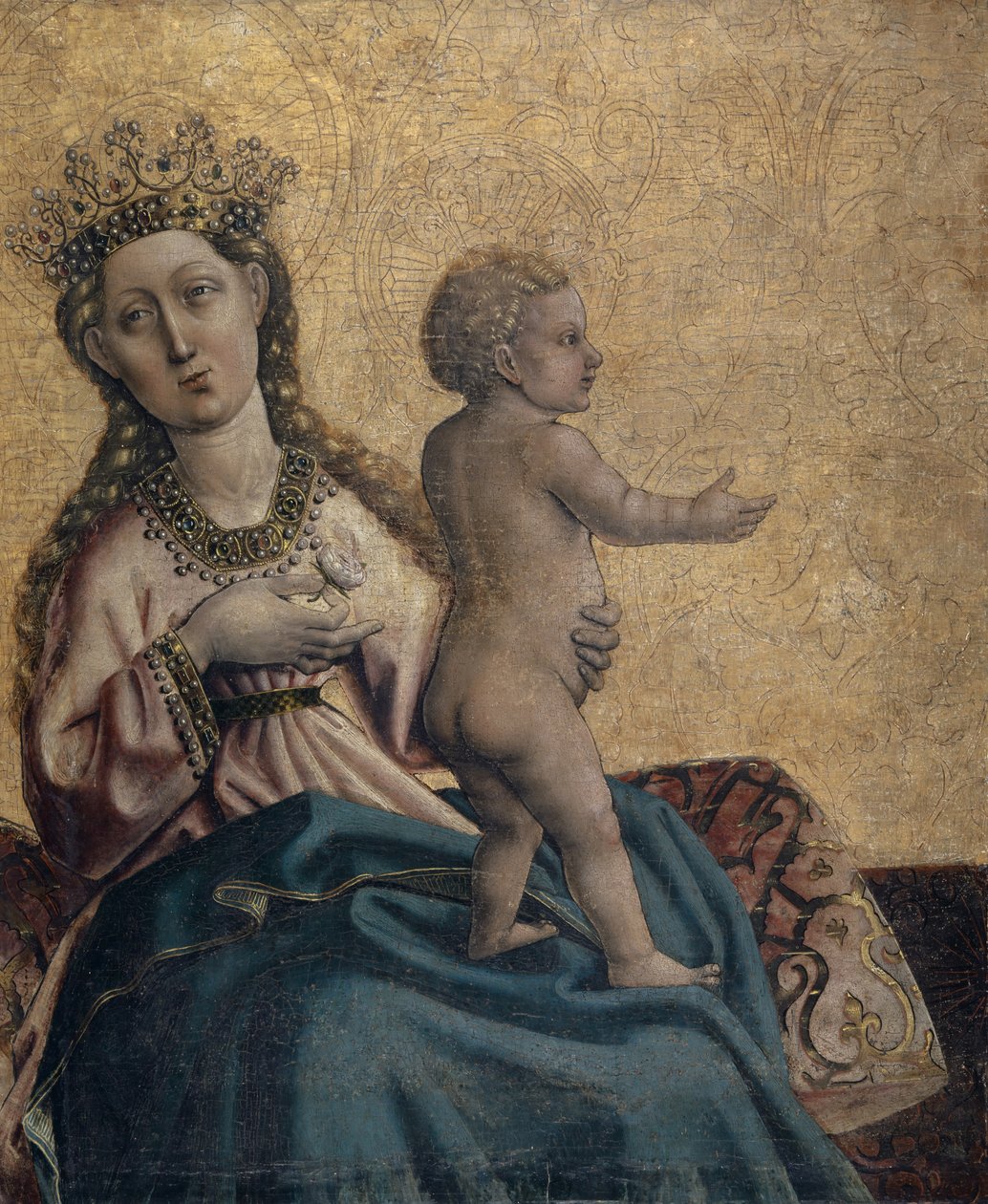 Szűz és gyermek, Olsberg oltártöredéke, ún. Olsbergi Madonna, 1437-40 körül (vegyes technika fán) alkotó: Konrad Witz