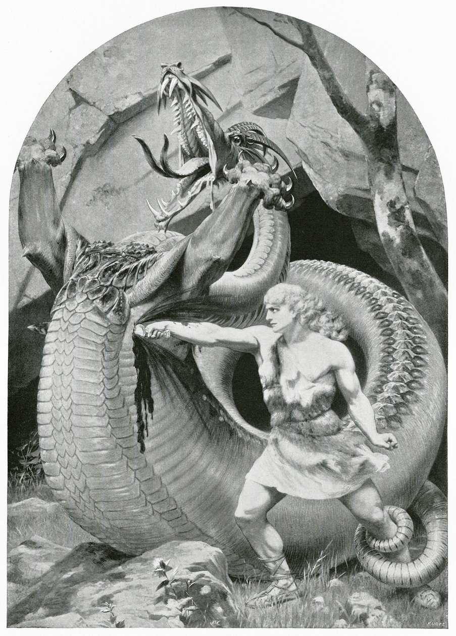 Siegfried megöli a sárkányt (litográfia) alkotó: Konrad Dielitz