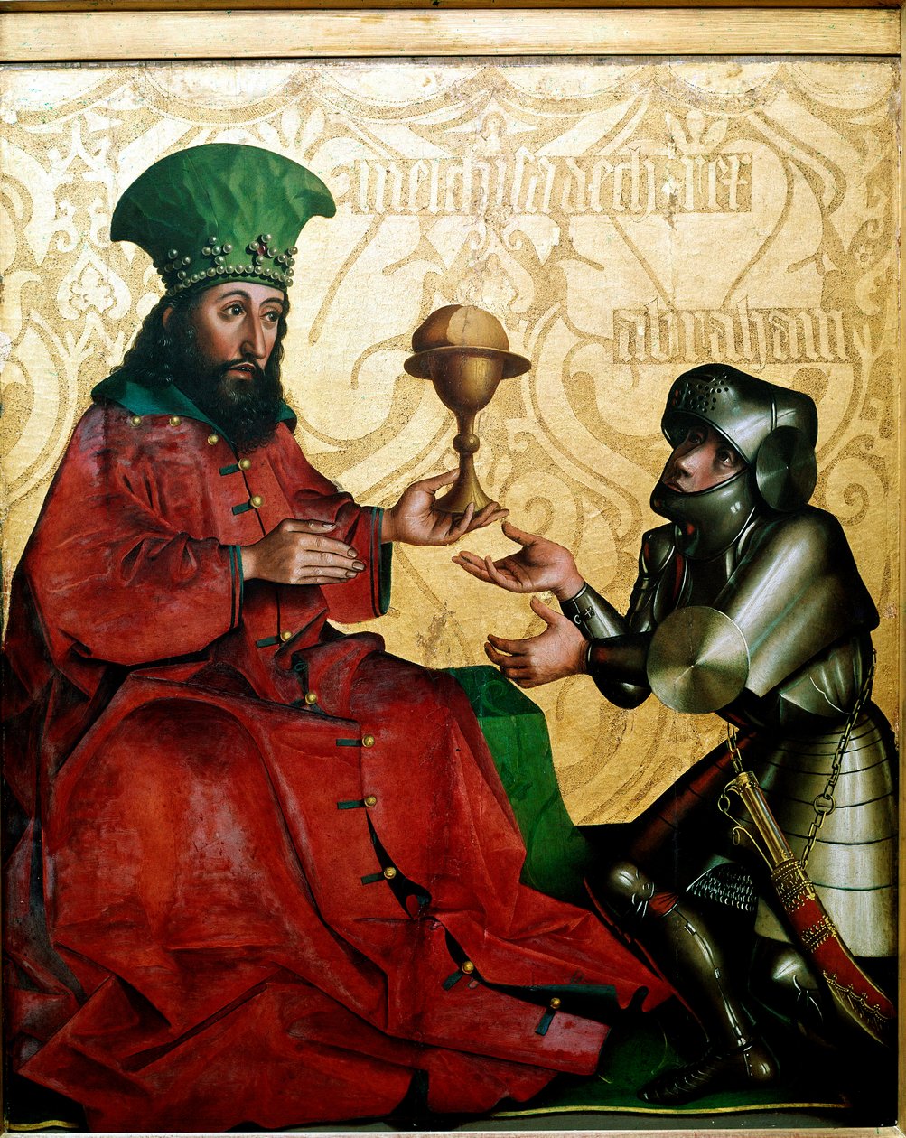 Ábrahám és Melkizedek Szálem királya Melkizedek (Melkizedek vagy Melkizedek vagy Melkisedek vagy Melki-Tsedeq vagy Melki Tsedeq) kenyeret és bort kínál a Kedor-Laomer (Kedor Laomer) elleni harcban győztes Ábrahámnak. Konrad (Conrad) Witz festménye ( alkotó: Konrad Witz