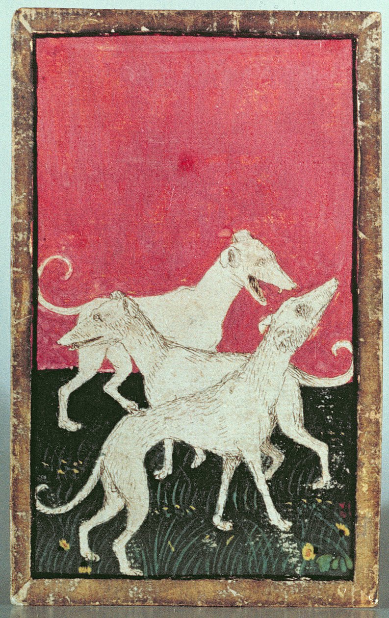 Három vadászkutya, az egyik kártyakészlet, amely udvari sólyomkodás jeleneteit ábrázolja, Upper Rhein Are, 1440-45 körül (toll és tinta, wc) (lásd még: 87698, 88300 és 88302-04) alkotó: Konrad Witz