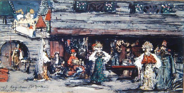 Színpad az aranyhalhoz, Minkustól, 1903 (szén, tempera és arany kartonon) alkotó: Konstantin Alekseevich Korovin