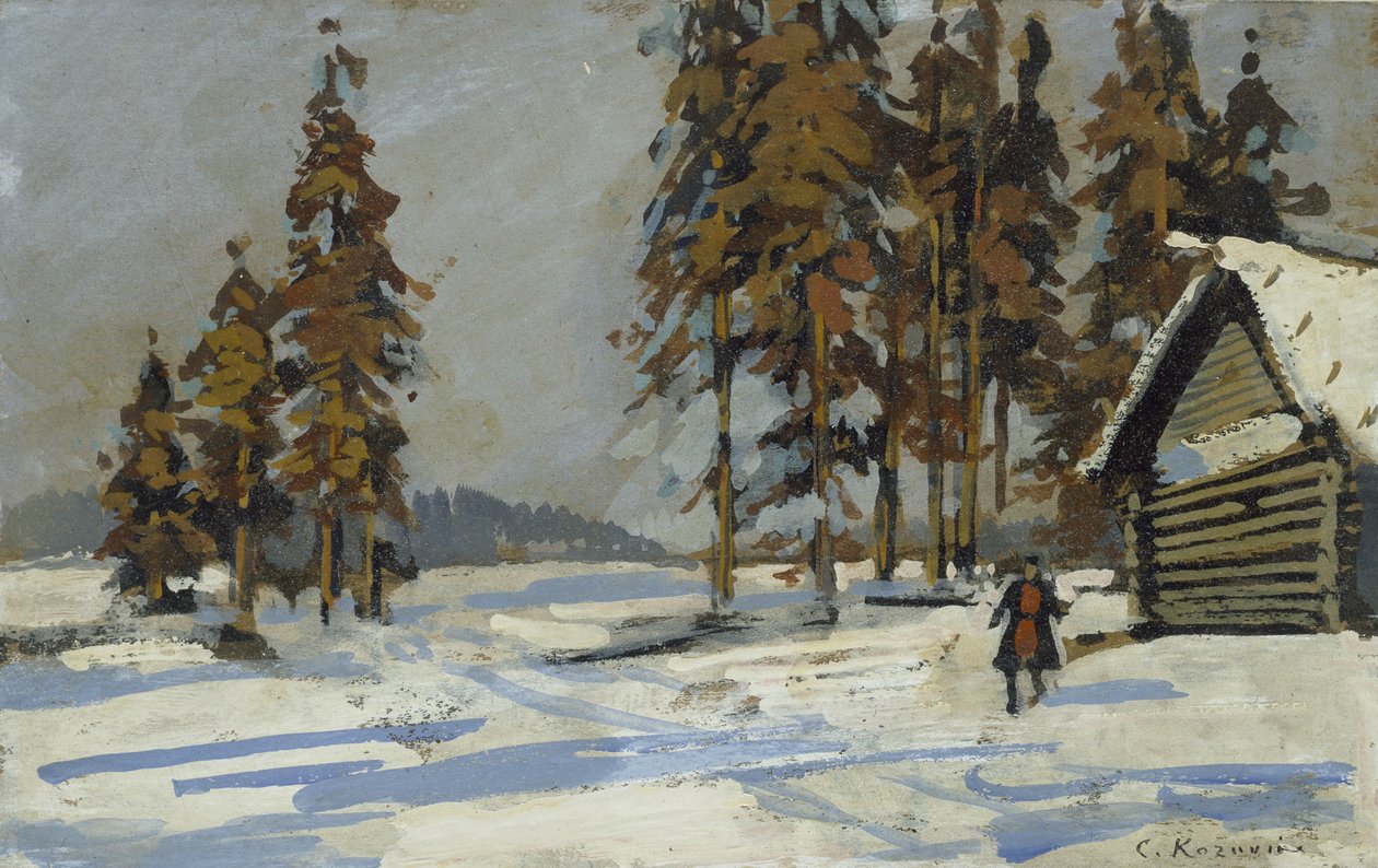 Téli táj (olaj- és karosszériaszín a fedélzeten, rajzként rögzítve) alkotó: Konstantin Alekseevich Korovin