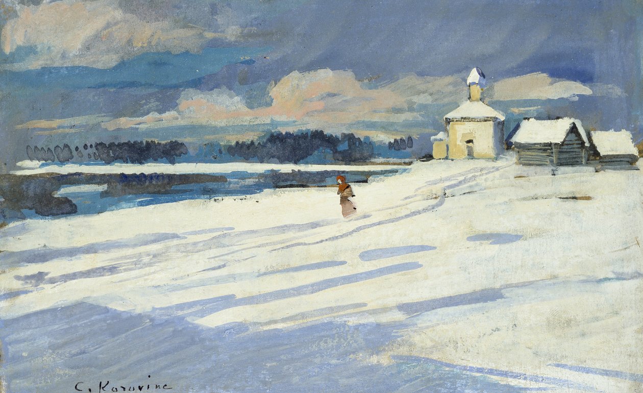 Téli táj egy kis templommal (olaj, tábla, rajzként rögzítve) alkotó: Konstantin Alekseevich Korovin