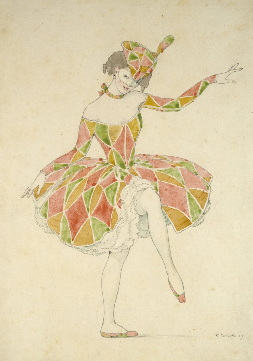 Terv Anna Pavlova kolumbinus jelmezéhez az "Arlequinade"-ban, 1909 (grafit és akvarell, törtfehér papírra) alkotó: Konstantin Andreevic Somov
