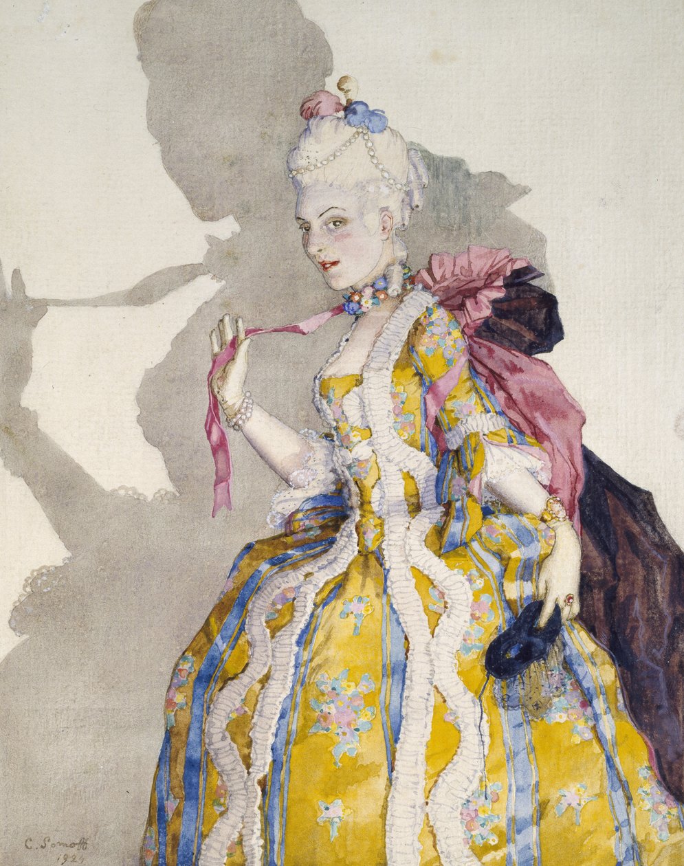 Marquise jelmezterve Tamara Karsavina balerina számára, 1924 (akvarell és testszín érintései körülhatárolt keretben fekete tintával, fehér szőtt papíron) alkotó: Konstantin Andreevic Somov
