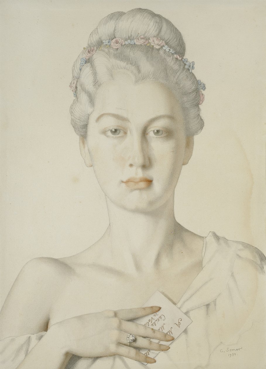 Cécile de Volanges képzeletbeli portréja Choderlos de Laclos "Liaisons dangereuses" című művében, 1934 (grafit, vörös kréta és akvarell, csonk és körvonalazott szegély nyomai grafittal, krea... alkotó: Konstantin Andreevic Somov