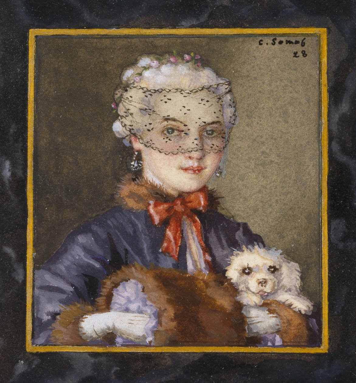 Hölgy kutyával, 1928 (testszín fekete tintával körülhatárolt keretben, fehér papíron fiktív keret körül) alkotó: Konstantin Andreevic Somov