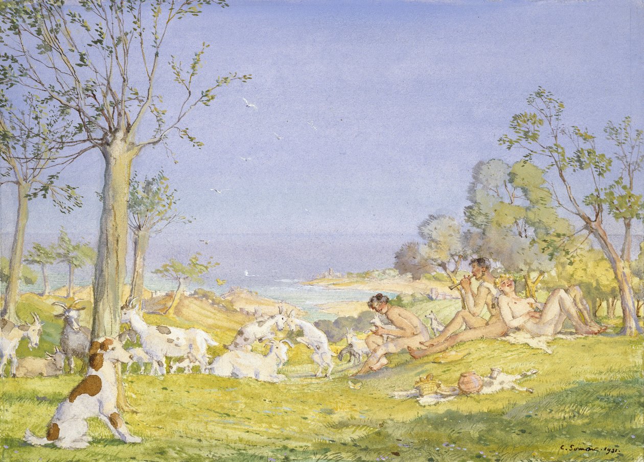 Tájkép pásztorokkal és kecskékkel, 1931 (testszín grafitra, grafittal körülrajzolt keretben, fehér papírra grafittal) alkotó: Konstantin Andreevic Somov