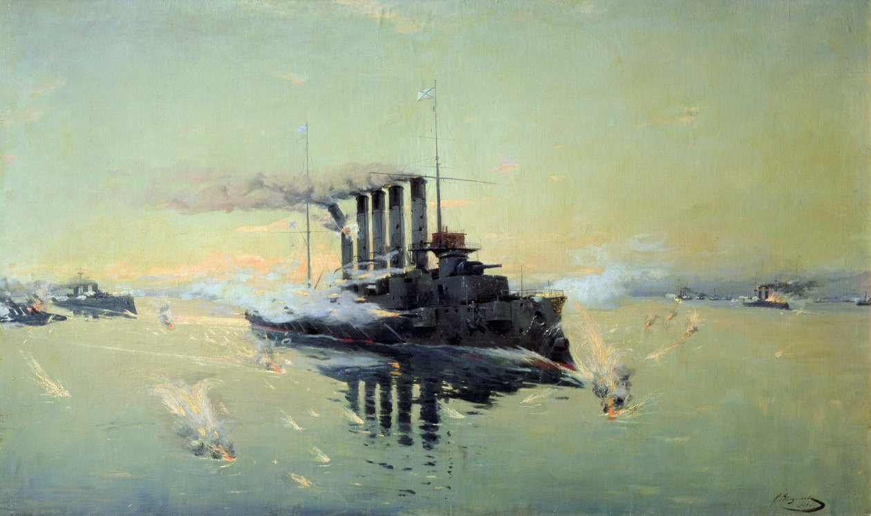 Az Askold cirkáló 1904. július 28-án harcol a Sárga-tengeren, 1906 alkotó: Konstantin Veshchilov