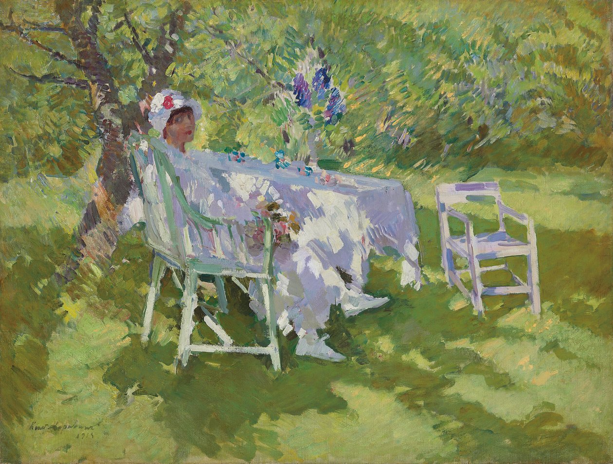 Egy fehér ruhás hölgy ül a kertben alkotó: Konstantin Alekseevich Korovin