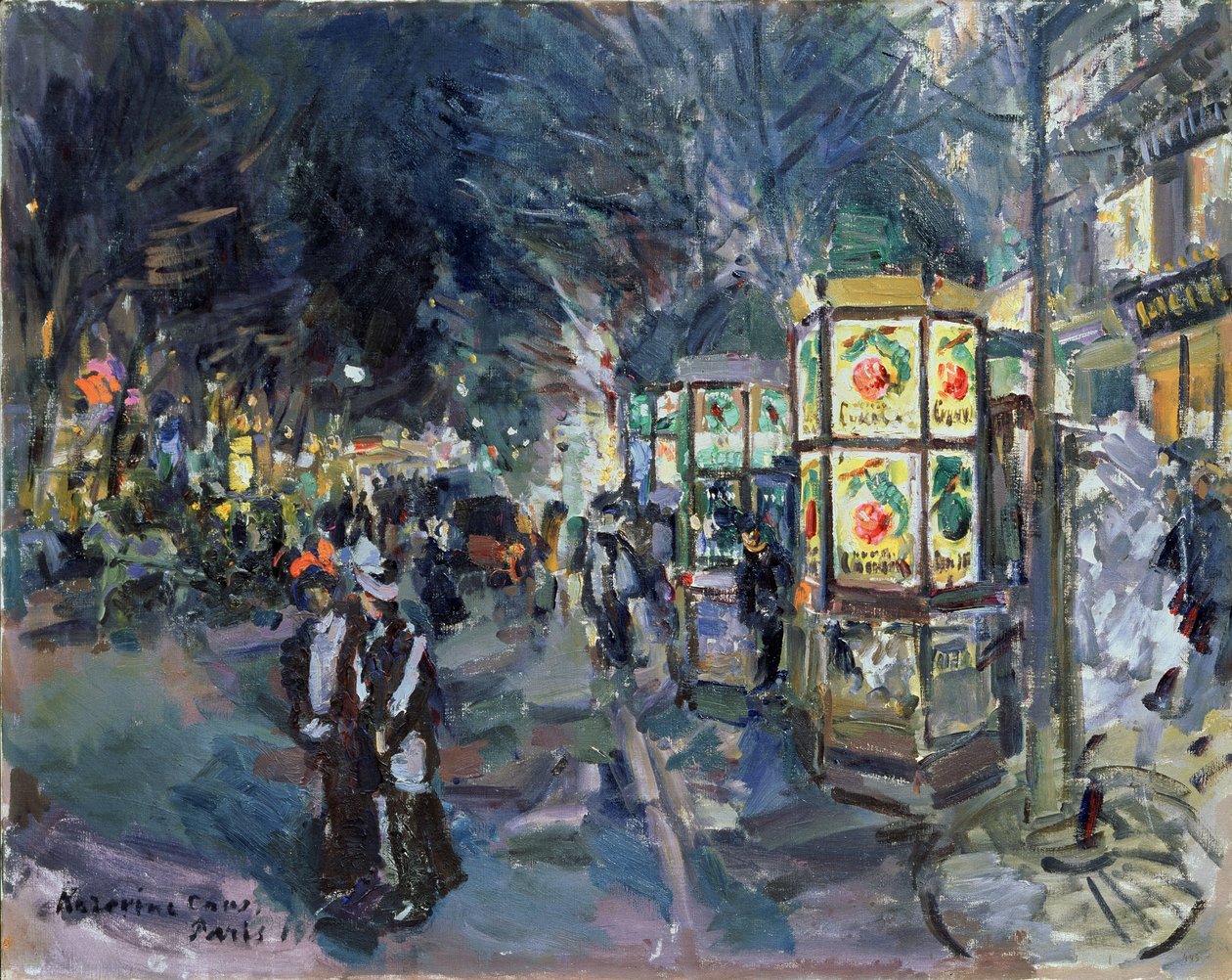 Parisian Boulevard éjjel (Parisan Boulevard éjjel). Az animáció leírása a fővárosban, sétálókkal, reklámkioszkkal (Morris oszlopok), fákkal, világítással. Konsztantyin Alekszejevics Korovin (Konsztantin Korovin) festménye (1861-1939) alkotó: Konstantin Alekseevich Korovin