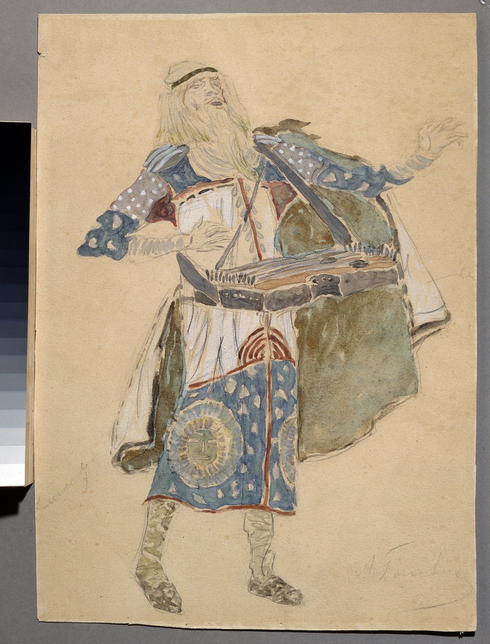 Jelmezterv Mihail Igor Glinka (1804-1857) "Ruslan és Ljudmila" című operájához (M. Glinka Ruslan és Ljudmila című operájának jelmezterve). Egy zenész jelmeze. Konsztantyin Alekszejevics Korovin (Konsztantin Korovin) (1861-1939) munkája, aqu. alkotó: Konstantin Alekseevich Korovin