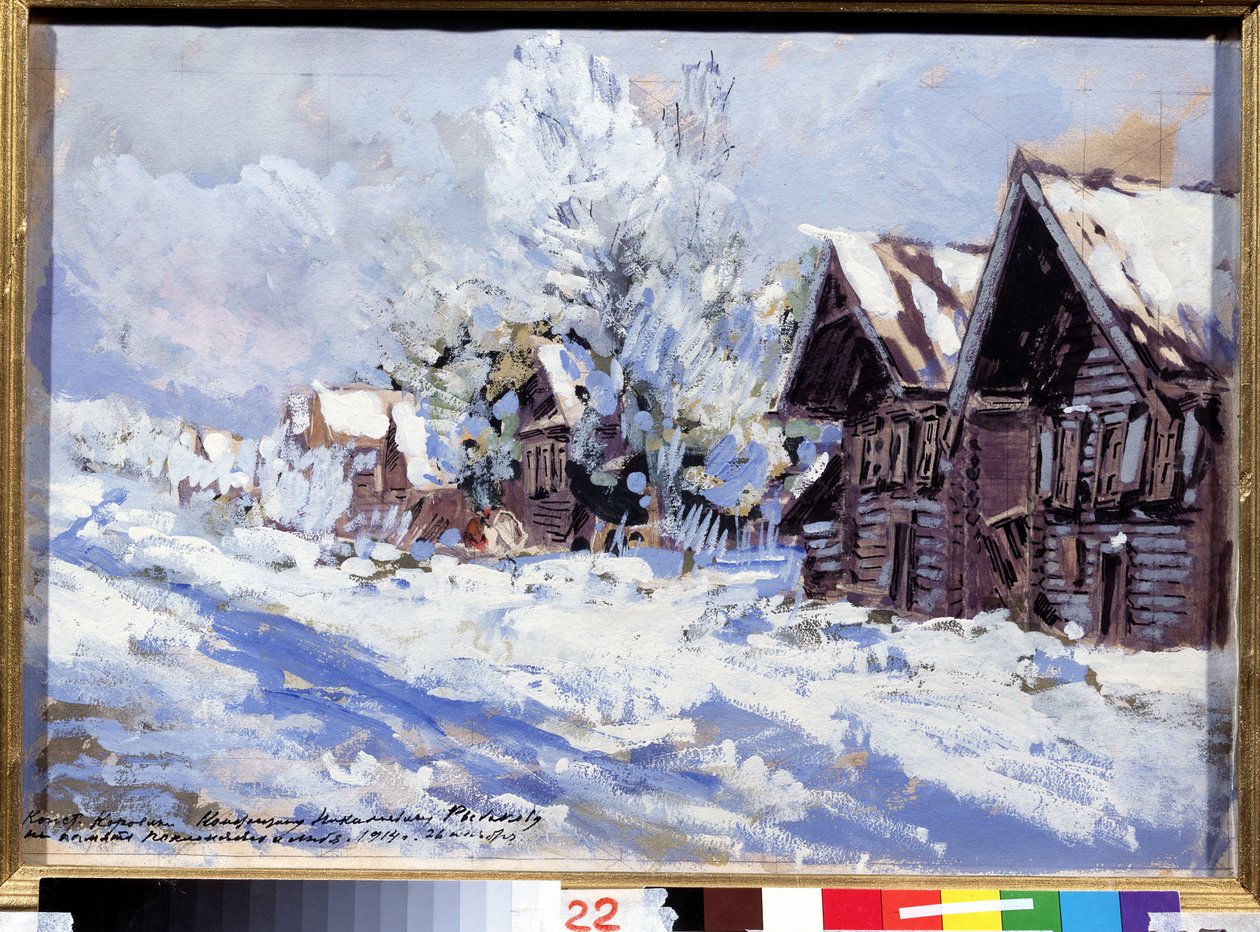 Tél (Winter). Kilátás egy falu utcájára, faházakkal, a hó alatt. Konsztantyin Alekszejevics Korovin (1861-1939) alkotása, gouache kartonon alkotó: Konstantin Alekseevich Korovin
