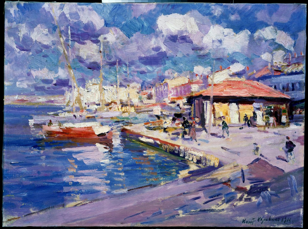 Fishing Bay Szevasztopolban (Ukrajna) (Fishing Bay, Sevastopol). Kilátás a rakpartra, ahol a csónakok, sétálók és épületek a nap alatt vannak kikötve. Konsztantyin Alekszejevics Korovin (Konsztantin Korovin) festménye (1861-1939), olaj, vászon alkotó: Konstantin Alekseevich Korovin