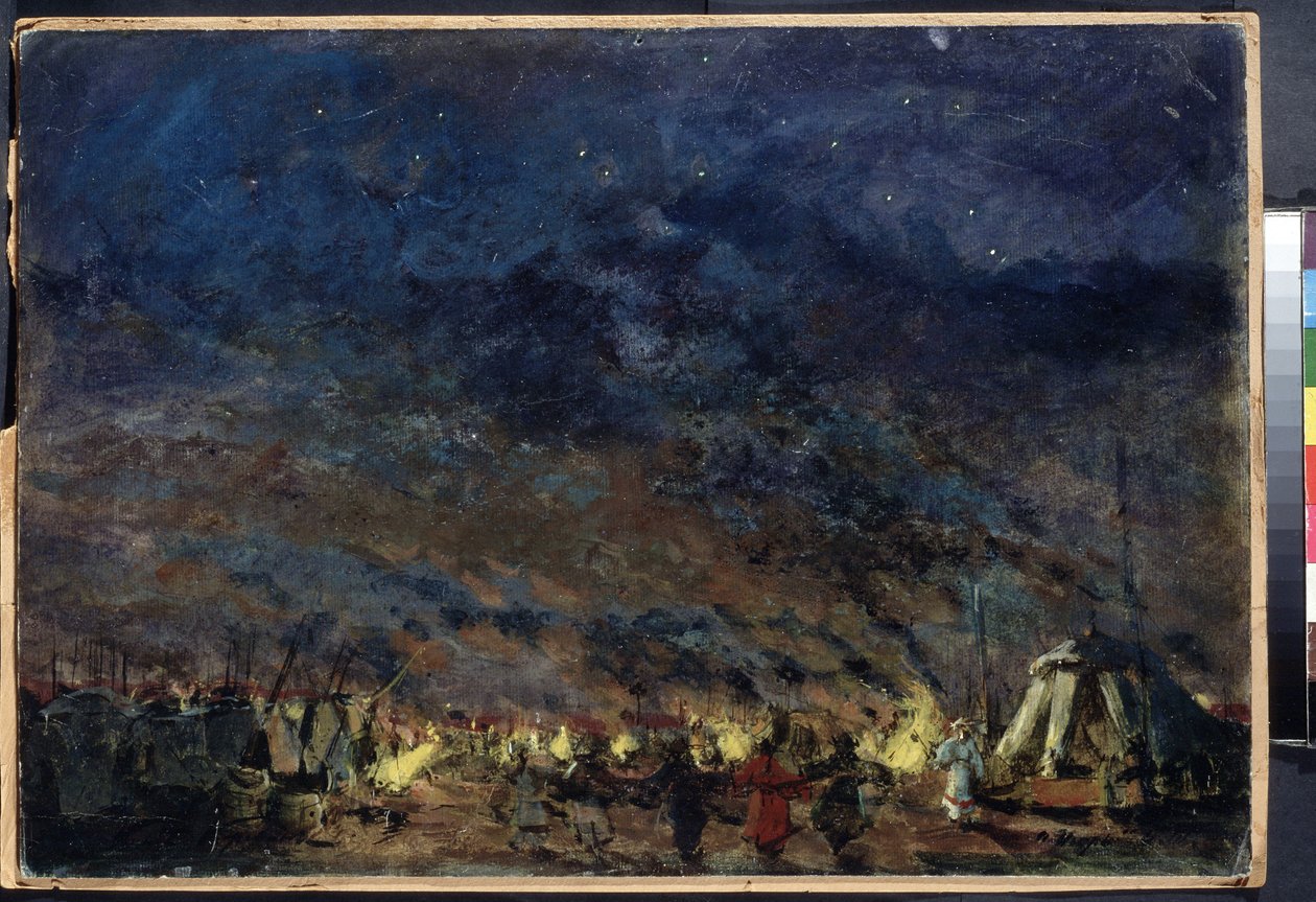 A polovci tábor, Alekszandr Borogyin Igor herceg színpadtervezése - (A polovci tábor - Alekszandr Borogyin Igor herceg színpadtervezése) - Csillagos ég alatt a tábor sátrai keretezik a fényeket, alkotó: Konstantin Alekseevich Korovin
